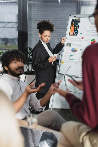 African american businesswoman using smartphone near flip chart and blurred colleagues in office — Stock Photo