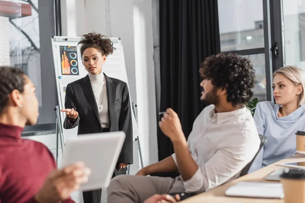 Afroamerikanische Geschäftsfrau zeigt auf Kollegin in der Nähe multikultureller Geschäftsleute und Flipchart im Büro — Stockfoto