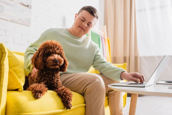 Poodle en el sofá cerca de adolescente con síndrome de Down utilizando el ordenador portátil en casa - foto de stock