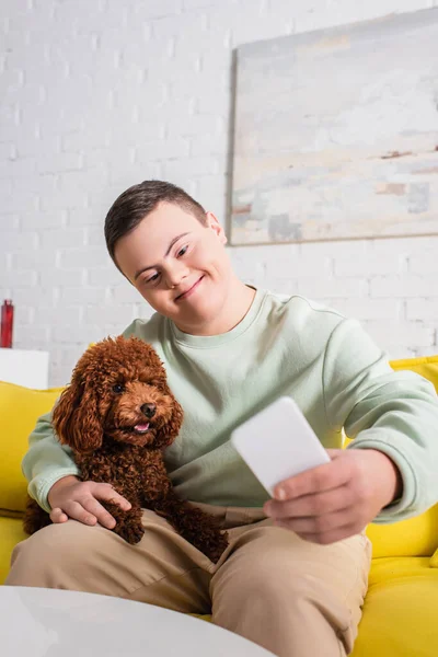 Adolescente sonriente con síndrome de Down tomando selfie con caniche en casa - foto de stock