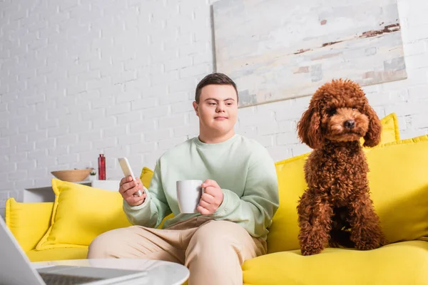 Подросток с синдромом Дауна держит смартфон и чашку возле пуделя на диване — стоковое фото
