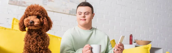 Niño adolescente con síndrome de Down sosteniendo taza y teléfono inteligente cerca de caniche en casa, pancarta - foto de stock