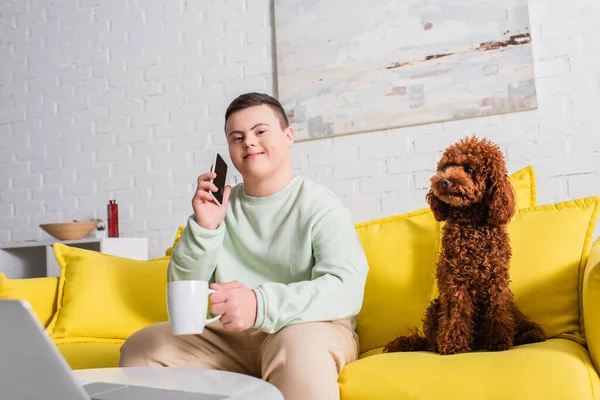 Мальчик-подросток с синдромом Дауна держит смартфон и чашку возле пуделя и ноутбука дома — стоковое фото