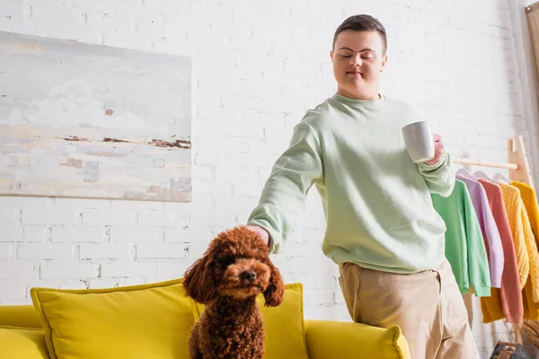 Teenage boy with down syndrome holding cup and petting poodle on couch — Stock Photo