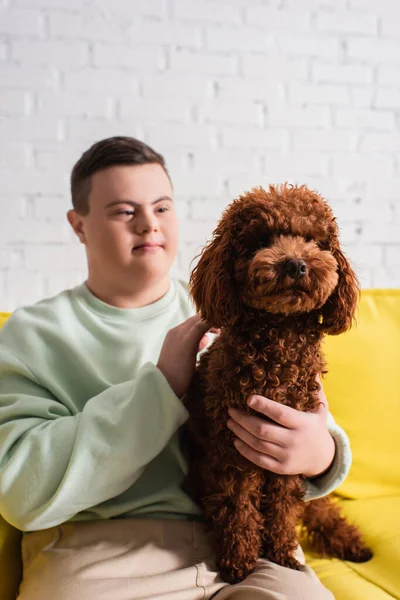 Niño borroso con síndrome de Down acariciando caniche en casa - foto de stock