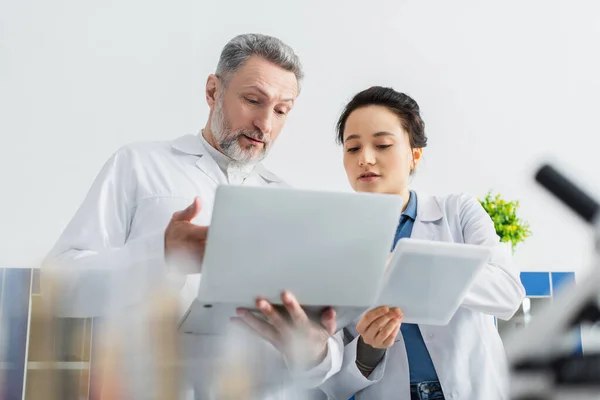 Bearded geneticist pointing at laptop near colleague with digital tablet — Stock Photo