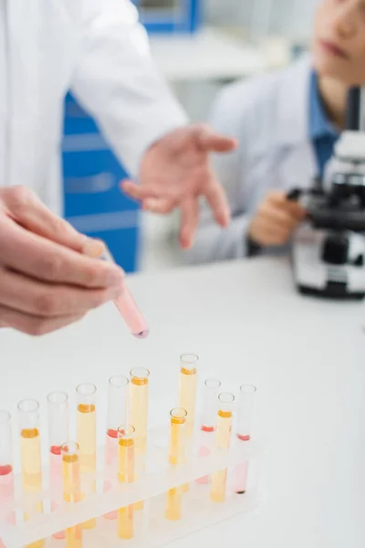 Cropped view of geneticist holding test tube near blurred colleague and microscope — Stock Photo