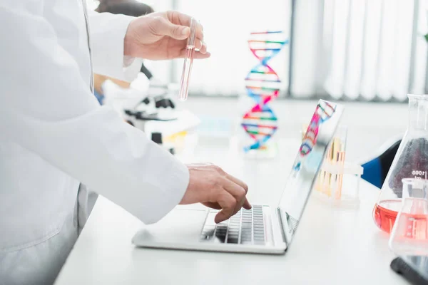 Vista ritagliata del genetista con provetta utilizzando laptop in laboratorio — Foto stock