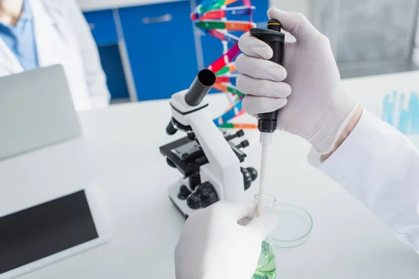 Обрезанный вид биотехнолога в латексных перчатках с микропипеткой и фляжкой рядом с микроскопом — стоковое фото