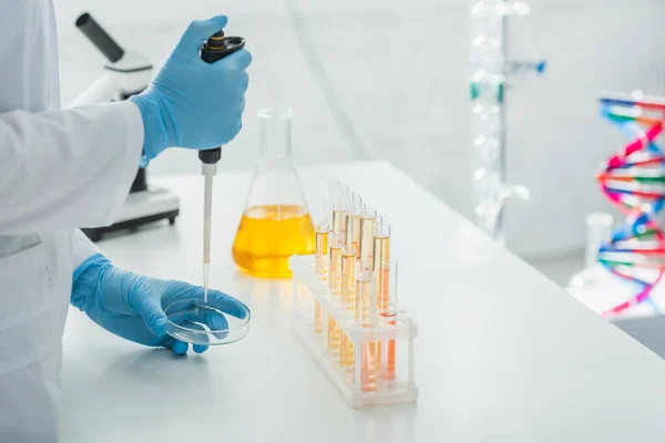 Vista recortada del genetista con micropipeta cerca del matraz y tubos de ensayo con líquido amarillo - foto de stock