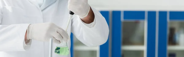 Partial view of biologist holding micropipette and flask with liquid, banner — Stock Photo