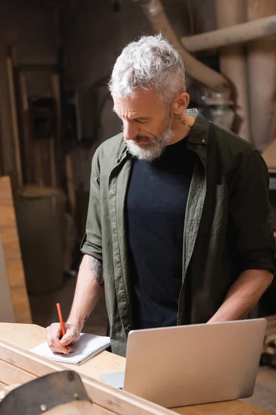 Designer de móveis barbudos escrevendo em notebook perto de laptop em estúdio de madeira — Fotografia de Stock