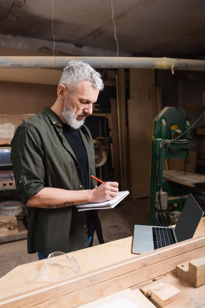 Mature furniture designer writing in notebook near laptop with blank screen on workbench — Stock Photo