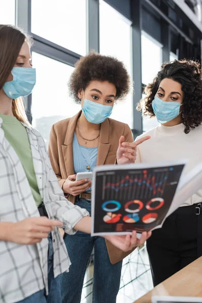 African american businesswoman in medical mask pointing with finger near interracial colleagues with document in office — Stockfoto
