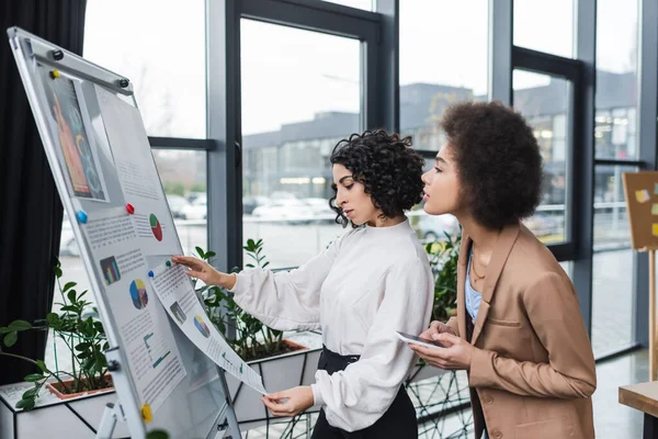 Side view of interracial businesswomen holding smartphone and paper near flip chart in office — Stock Photo