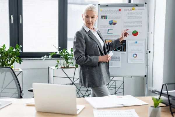 Senior economist pointing at flip chart with graphs during video call on laptop — Stockfoto