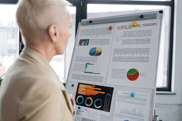 Verschwommener Ökonom steht neben Flipchart mit Grafiken im Büro — Stockfoto