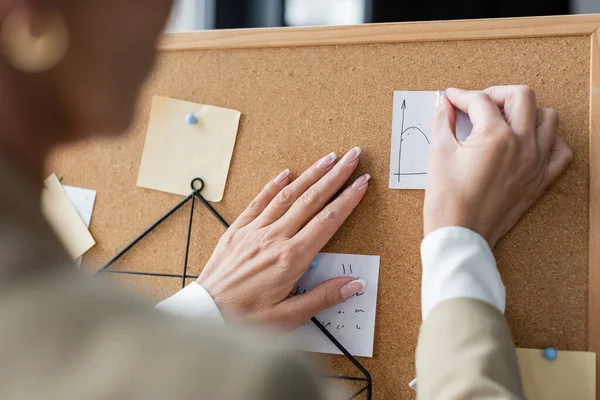 Cropped view of blurred businesswoman attaching paper note to corkboard with pushpin — Foto stock