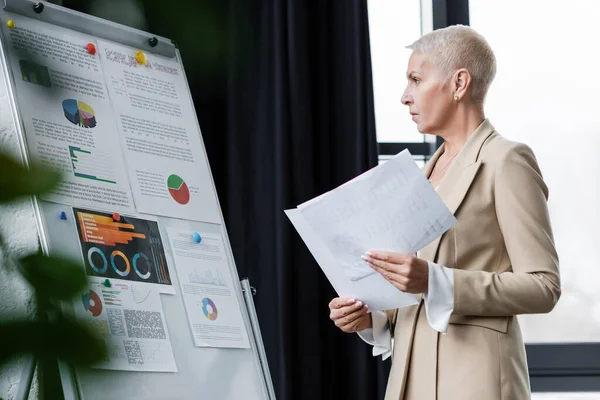 Seitenansicht des Finanziers, der mit Papieren in der Nähe von Analysen auf Flipchart steht — Stockfoto