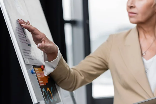 Partial view of blurred banker touching infographics on flip chart — Stock Photo