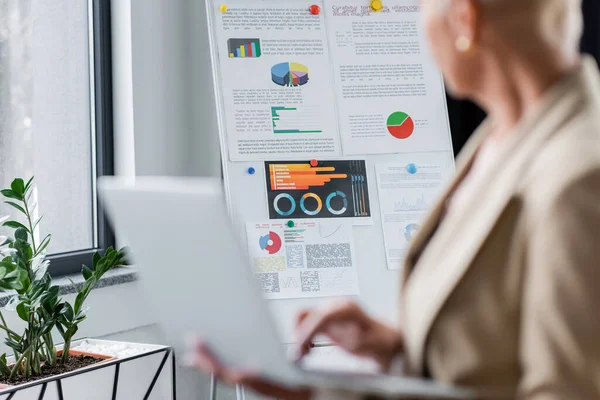 Selective focus of graphs on flip chart near cropped banker with laptop on blurred foreground — Foto stock