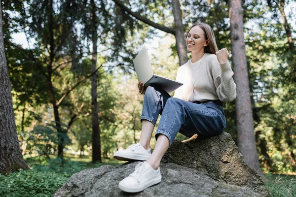 Happy woman in glasses looking at laptop while sitting on stone in park - foto de stock