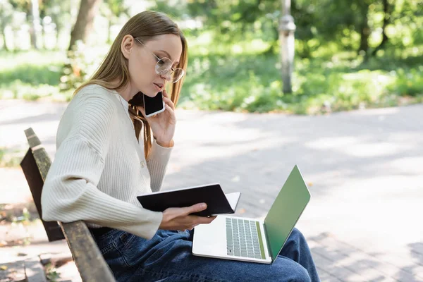 Woman in glasses talking on smartphone and looking at notebook while sitting with laptop on bench - foto de stock