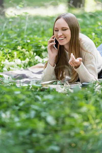 Smiling woman talking on cellphone while lying on blanket around green grass — Stock Photo