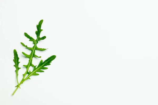 Top view of fresh arugula on white background with copy space — Stock Photo