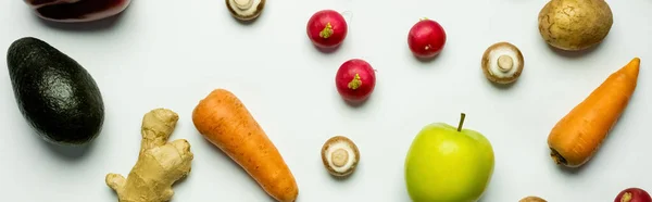 Top view of ripe fruits and vegetables on white background, banner — Foto stock