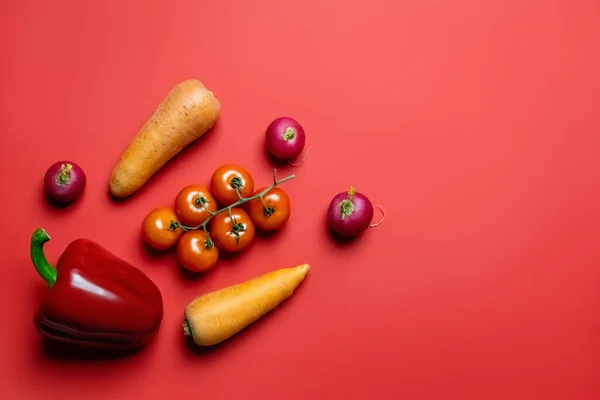 Vista superior de verduras maduras sobre fondo rojo - foto de stock
