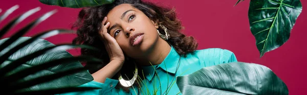 Brunette african american woman posing near exotic leaves and touching face isolated on pink, banner — Stock Photo