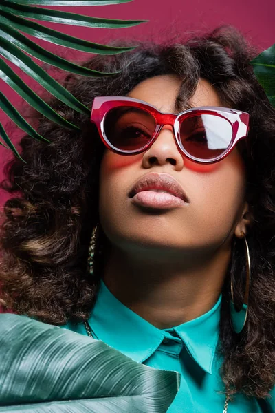 Mujer afroamericana en gafas de sol de moda y pendientes mirando hacia otro lado cerca de hojas verdes aisladas en rosa - foto de stock