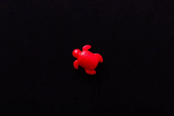 Top view of bright red plastic turtle isolated on black — Stock Photo