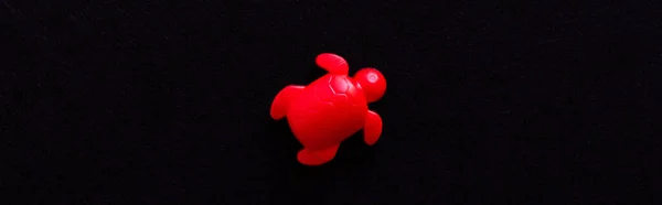 Top view of red aquatic turtle toy isolated on black, banner — Stock Photo
