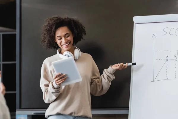 Glückliche afrikanisch-amerikanische Frau mit digitalem Tablet und Kopfhörer, die mit Filzstift auf Whiteboard zeigt — Stockfoto