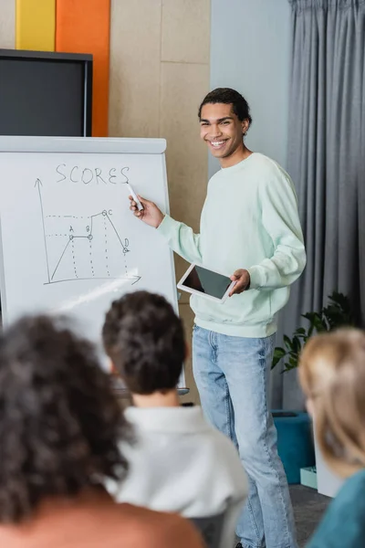 Happy african american student pointing at scores lettering on whiteboard near blurred classmates — Stock Photo