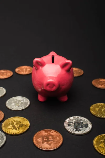 KYIV, UKRAINE - APRIL 26, 2022: Close up view of piggy bank near bitcoins on black background — Stock Photo