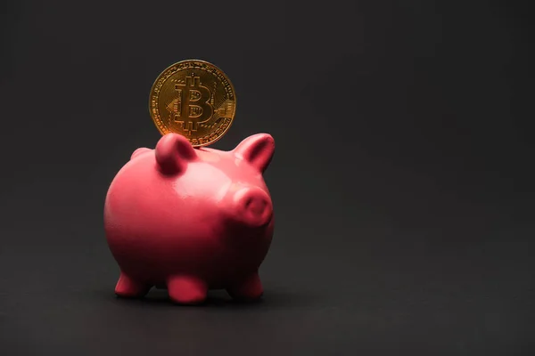 KYIV, UKRAINE - APRIL 26, 2022: Close up view of golden bitcoin on piggy bank on black background — Stock Photo