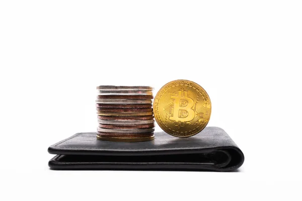 KYIV, UKRAINE - APRIL 26, 2022: Close up view of cryptocurrency on wallet on white background — Stock Photo