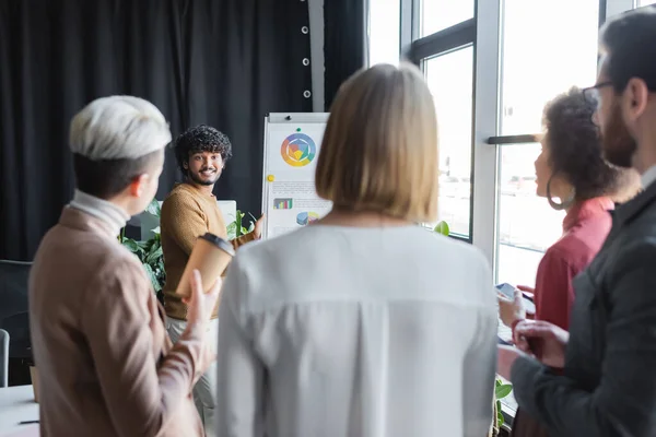 Optimistischer indischer Mann lächelt in der Nähe von Flipchart und interrassischem Team auf verschwommenem Vordergrund — Stockfoto