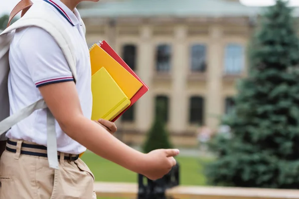 Ausgeschnittene Ansicht eines Schuljungen, der mit Notizbüchern im Freien spaziert — Stockfoto