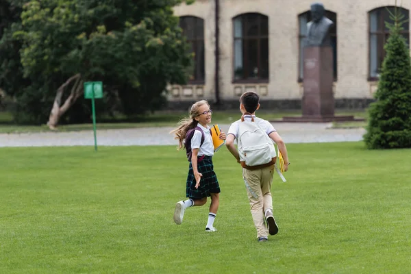 Felice studentessa in possesso di quaderni mentre cammina vicino amico sul prato — Foto stock