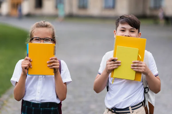 Interrassische Kinder halten Notizbücher in der Nähe von Gesichtern im Freien — Stockfoto