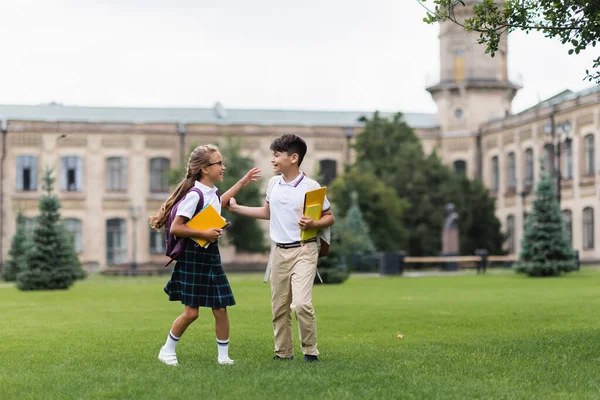 Crianças multiétnicas positivas com mochilas e cadernos andando na grama ao ar livre — Fotografia de Stock