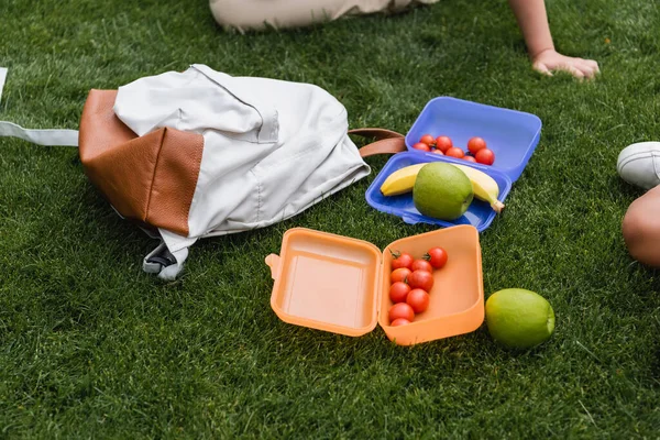 Cropped view of lunchboxes and backpack near schoolkids on grass — Stock Photo