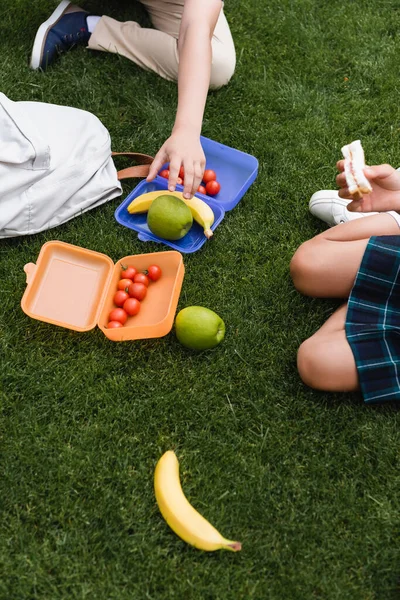 Vista cortada de crianças em idade escolar segurando sanduíche e frutas perto de lancheiras na grama — Fotografia de Stock