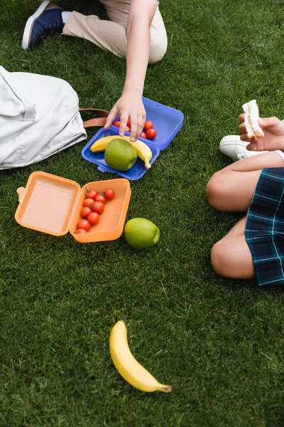 Cropped view of schoolchildren holding sandwich and fruits near lunchboxes on grass — Stock Photo