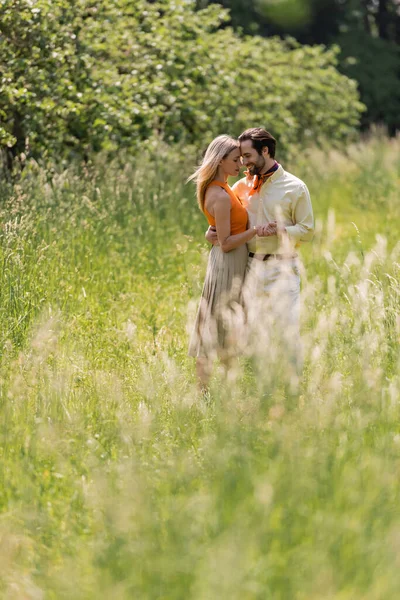 Vista laterale di coppia alla moda che si abbraccia e si tiene per mano sul prato nel parco estivo — Foto stock