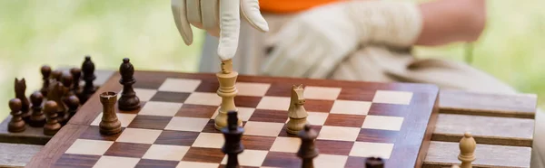 Vista recortada de la mujer de moda apuntando a la figura de ajedrez en el parque, pancarta - foto de stock
